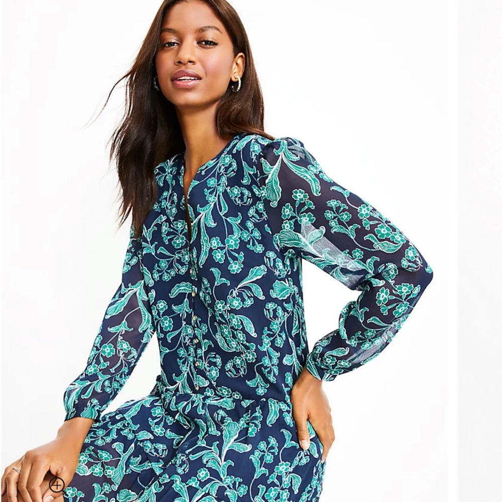 NWT Loft Floral Flounce Shirtdress blue green size large